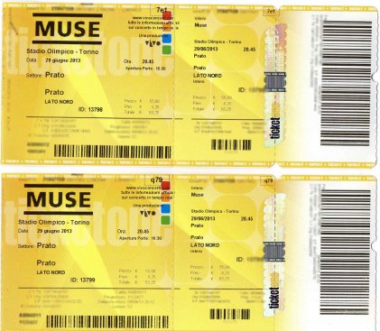 Vendo 2 biglietti per i Muse Torino 29-06-2013 55 €
